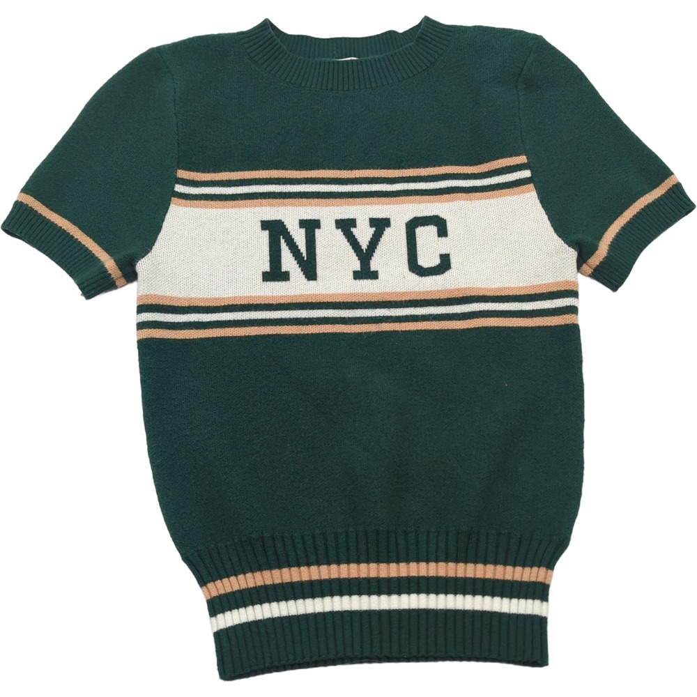 SO NYC Short Sleeve Sweater Green Striped Graphic Knit Top Medium